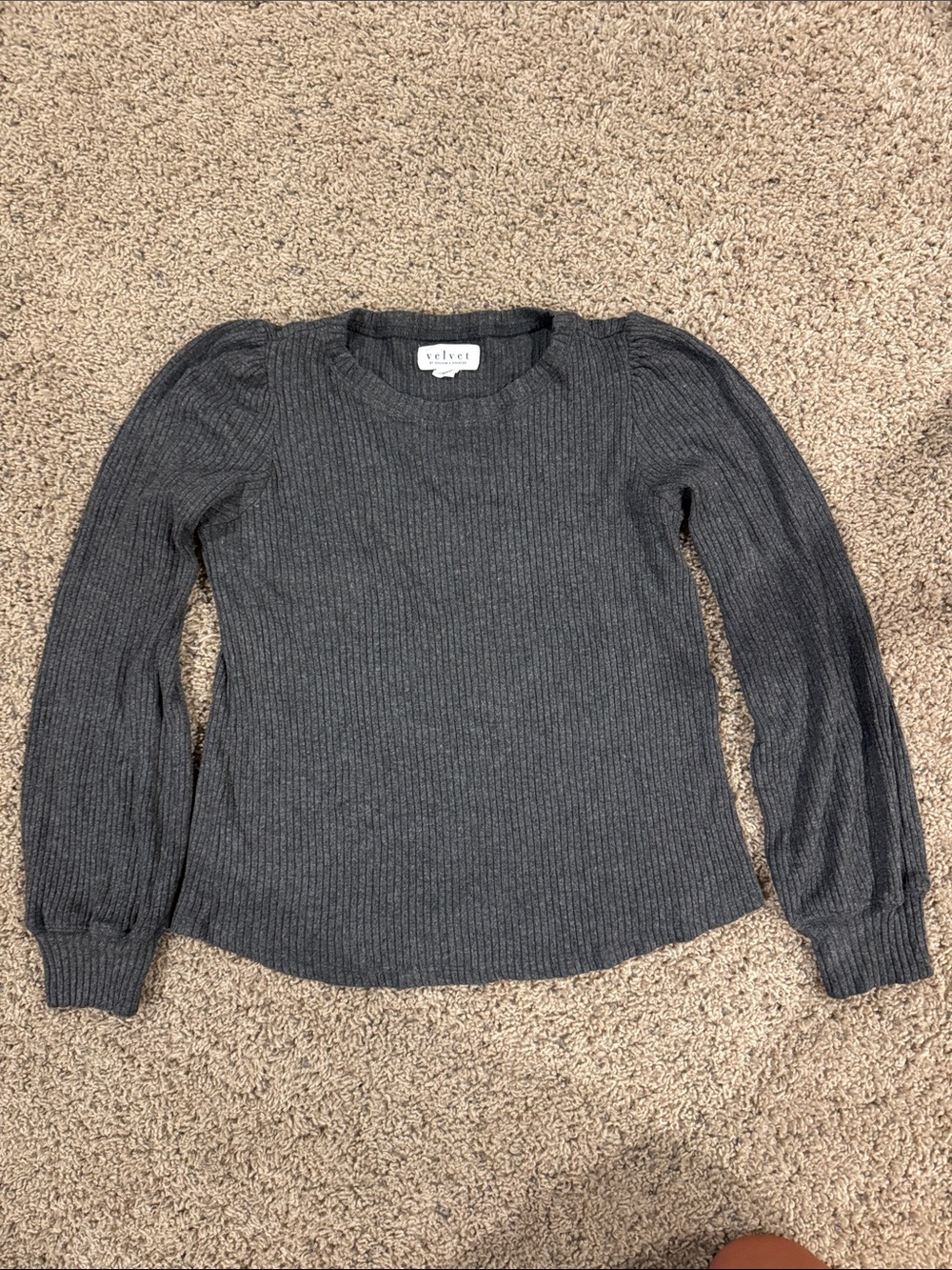 EUC Velvet by Graham and Spencer  Ribbed Puff-Sleeve Sweater in Charcoal
